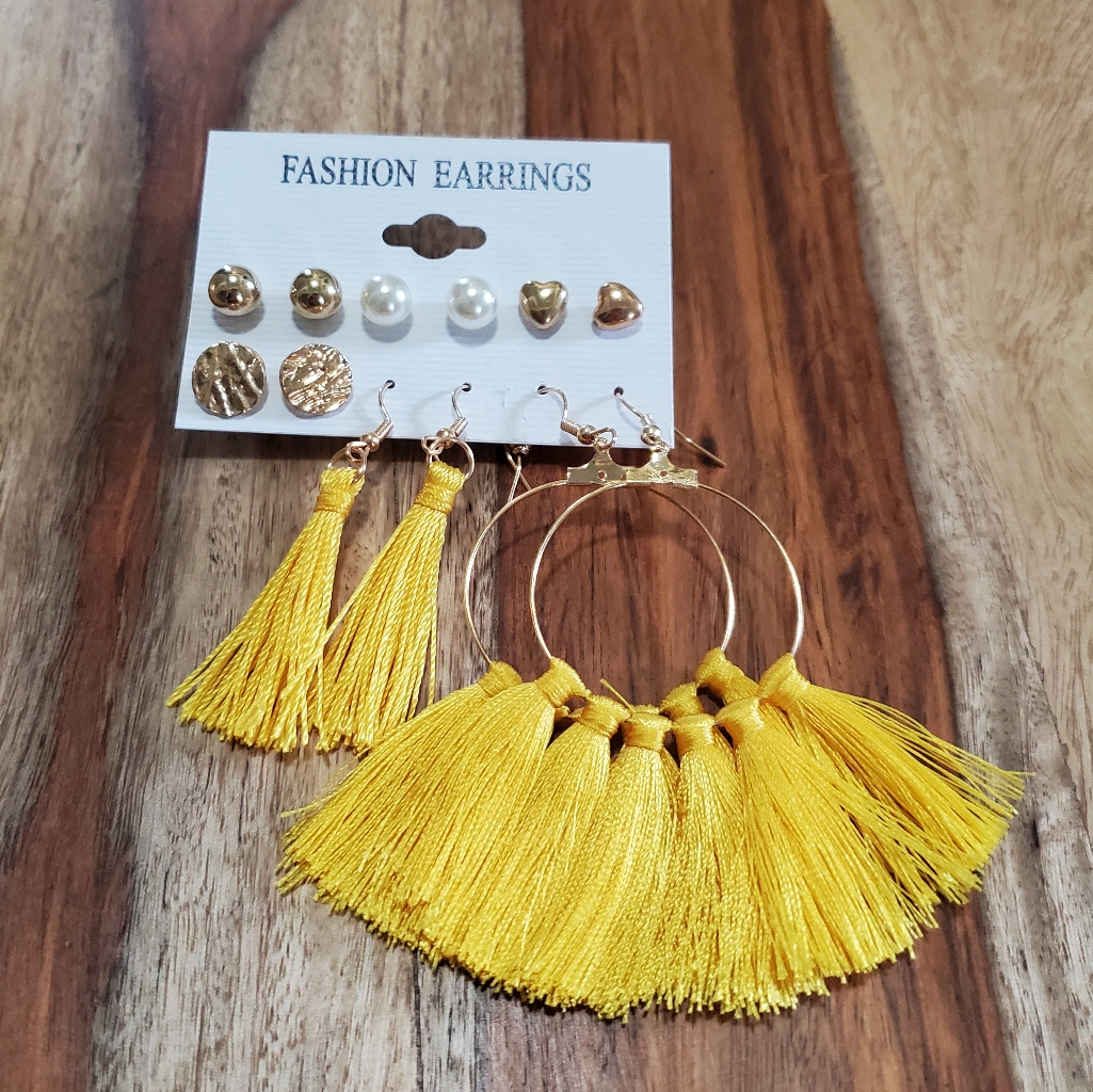 Boho Gold Earring Set 6 Pairs Yellow Tassel Hoop Dangle Stud Mix Heart Pearl 10$